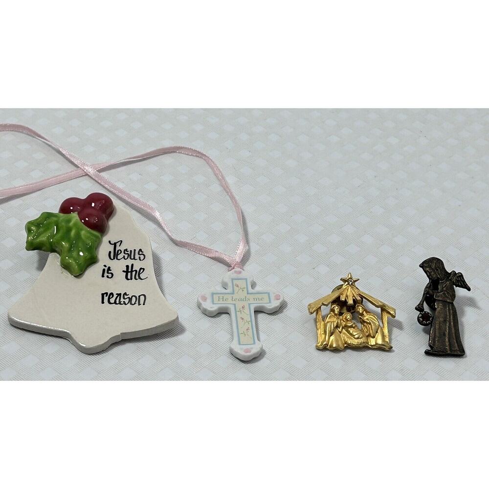 Christmas Holiday Jewelry 3 Religious Angel, Bell, Nativity Pin & Cross Necklace